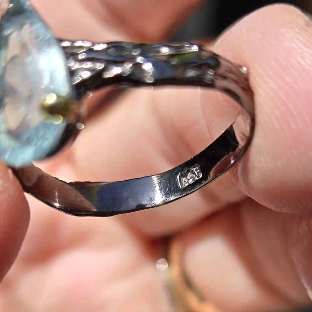Aquamarine Pearcut Natural 6k Gemstone Syerling Rhodium & Gold Ring Sz7.5 - Picture 7 of 7